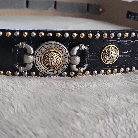 Vtg Code Azure Black Leather Sun Medallion Concho Belt Made In Italy Mens - Picture 2 of 8